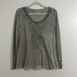 Soft Surroundings Burnout Crochet Front Detail Long Sleeve Scoop Neck Top Sz Med